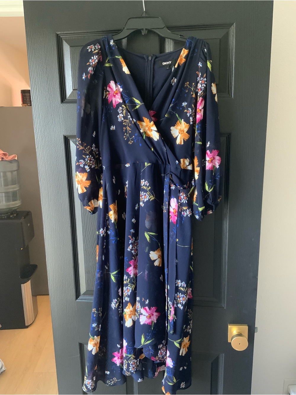 DKNY Navy Floral Wrap Dress with Tie Waist